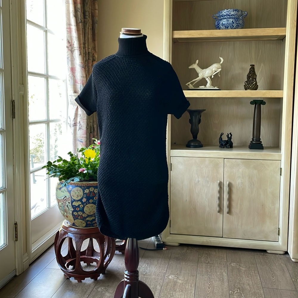 Anna Rachele Black Mini Sheath Dress with Short Sleeves and Mock Neck